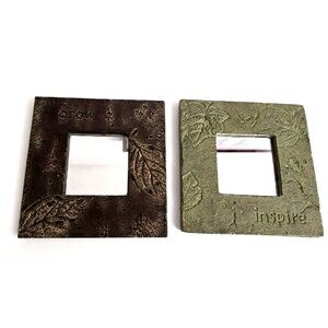 2 Small Framed Mirrors Inspire Grow Flower Leaf Etching Inspirational 6" x 6"